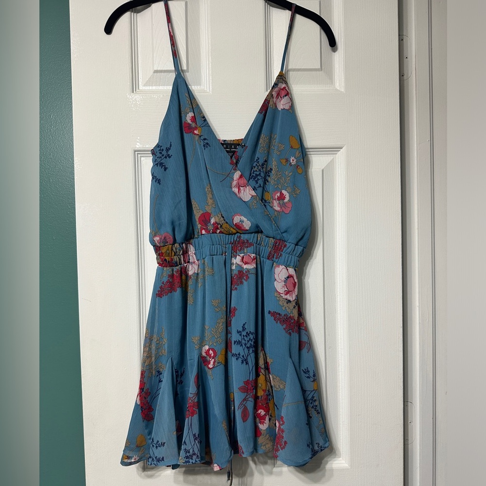 Francesca’s Collections Blue Floral Romper, Adjustable Straps, Flowy Jumpsuit